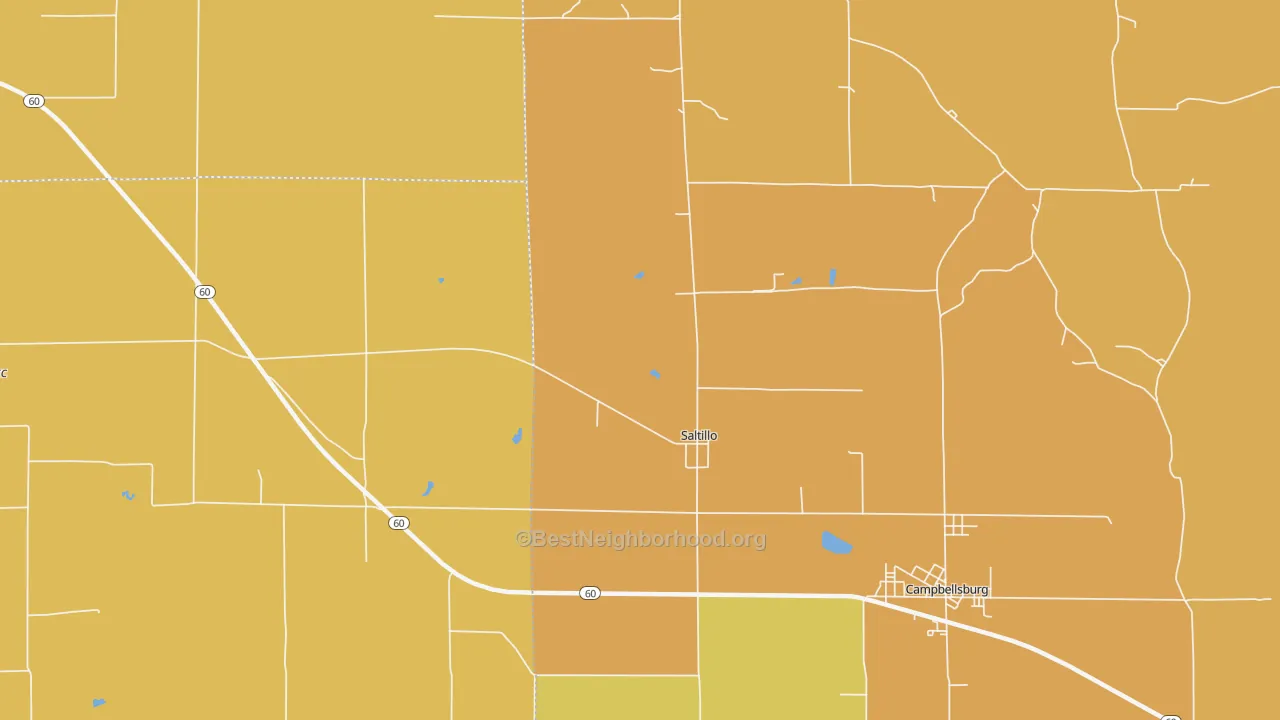 Map of the best neighborhoods in the Saltillo area, with better matches in green and worse matches in red