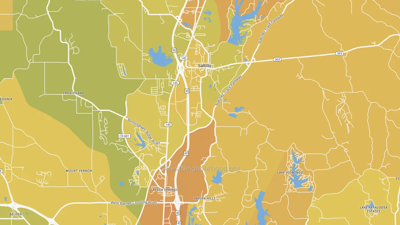 Map of the best neighborhoods in the Saltillo area, with better matches in green and worse matches in red