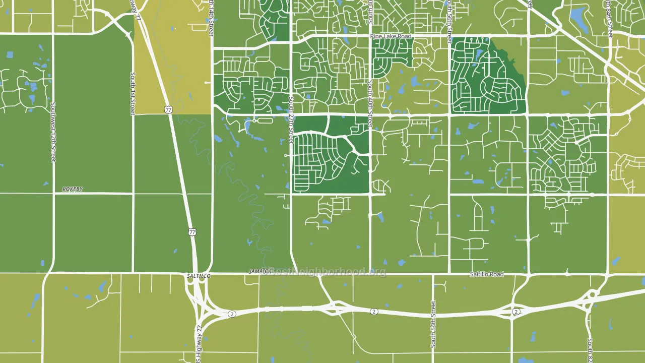 Map of the best neighborhoods in the Saltillo area, with better matches in green and worse matches in red