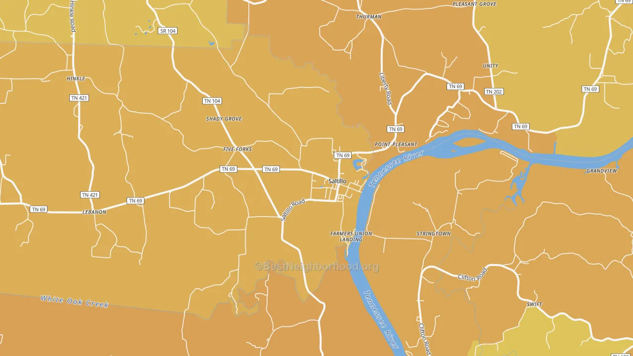 Map of the best neighborhoods in the Saltillo area, with better matches in green and worse matches in red