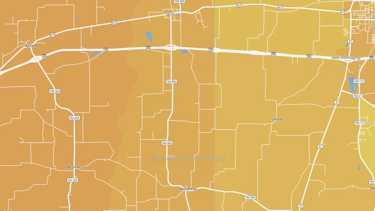Map of the best neighborhoods in the Saltillo area, with better matches in green and worse matches in red