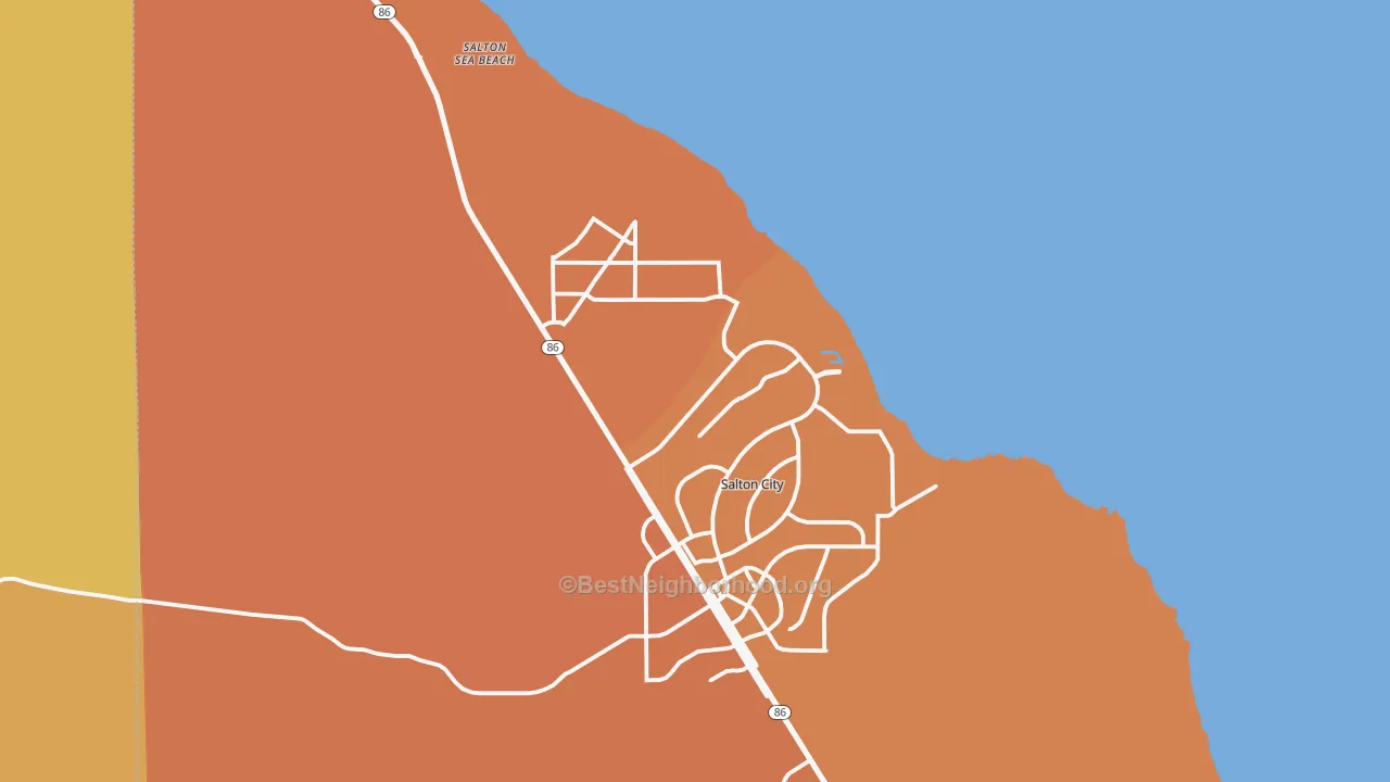 Map of the best neighborhoods in the Salton City area, with better matches in green and worse matches in red