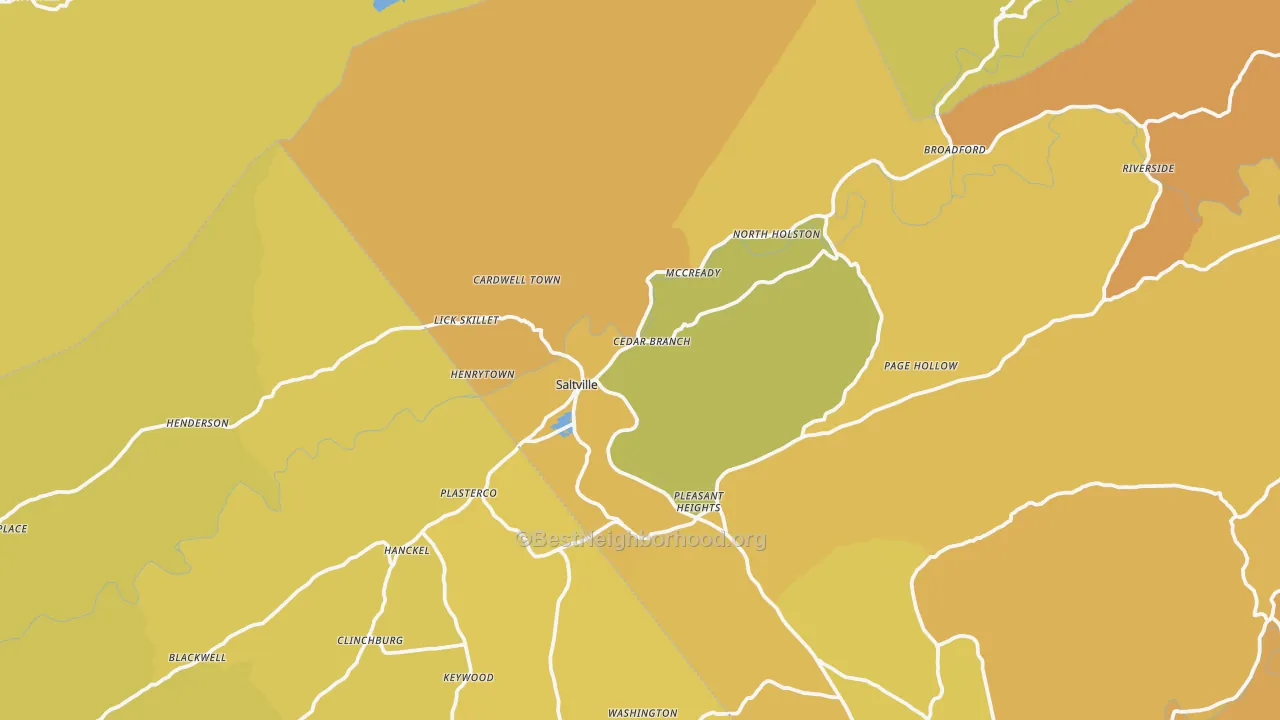 Map of the best neighborhoods in the Saltville area, with better matches in green and worse matches in red