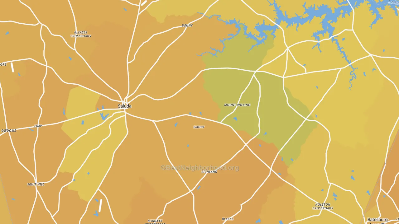 Map of the best neighborhoods in the Saluda County area, with better matches in green and worse matches in red