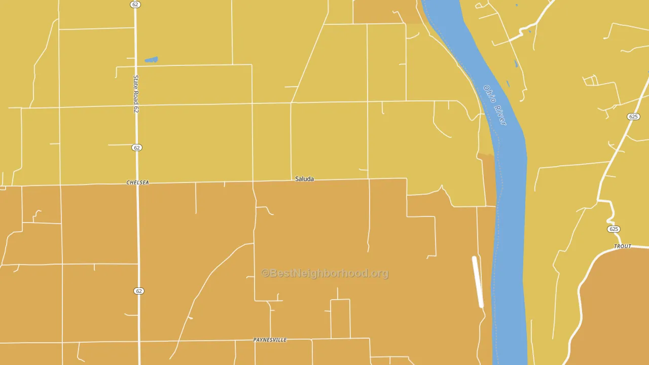 Map of the best neighborhoods in the Saluda area, with better matches in green and worse matches in red