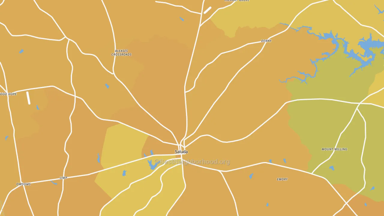 Map of the best neighborhoods in the Saluda area, with better matches in green and worse matches in red