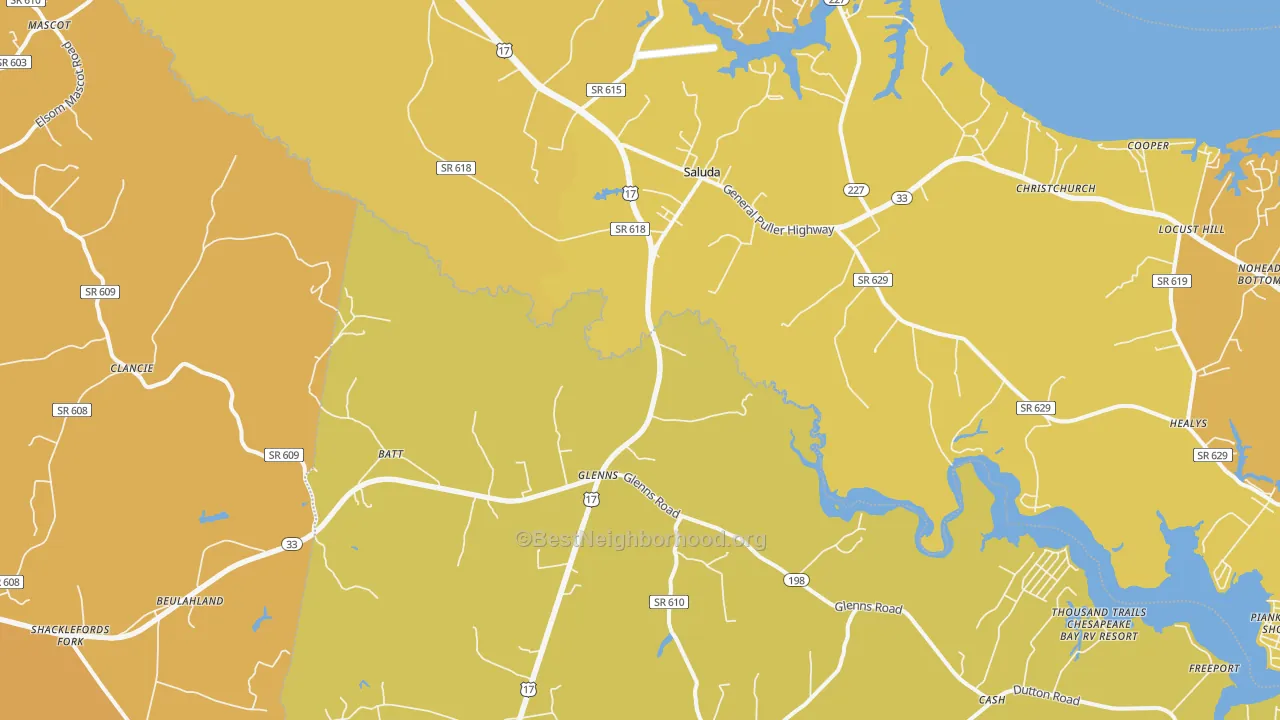 Map of the best neighborhoods in the Saluda area, with better matches in green and worse matches in red