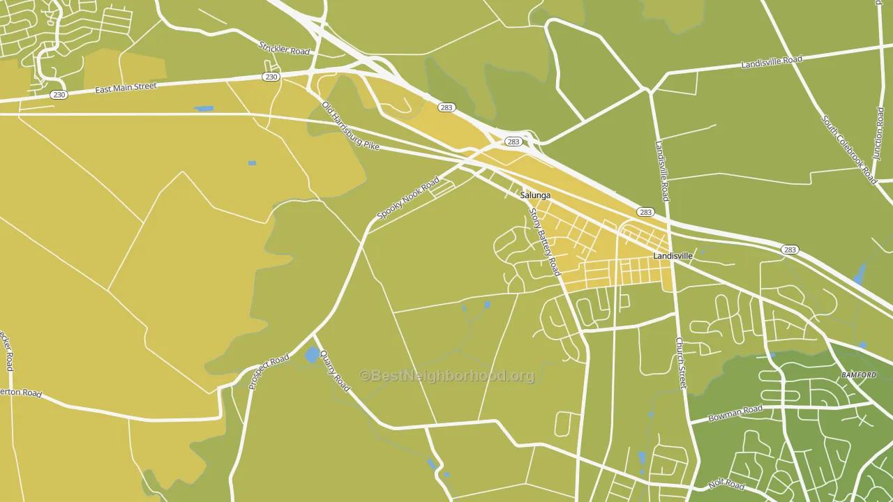 Map of the best neighborhoods in the Salunga area, with better matches in green and worse matches in red