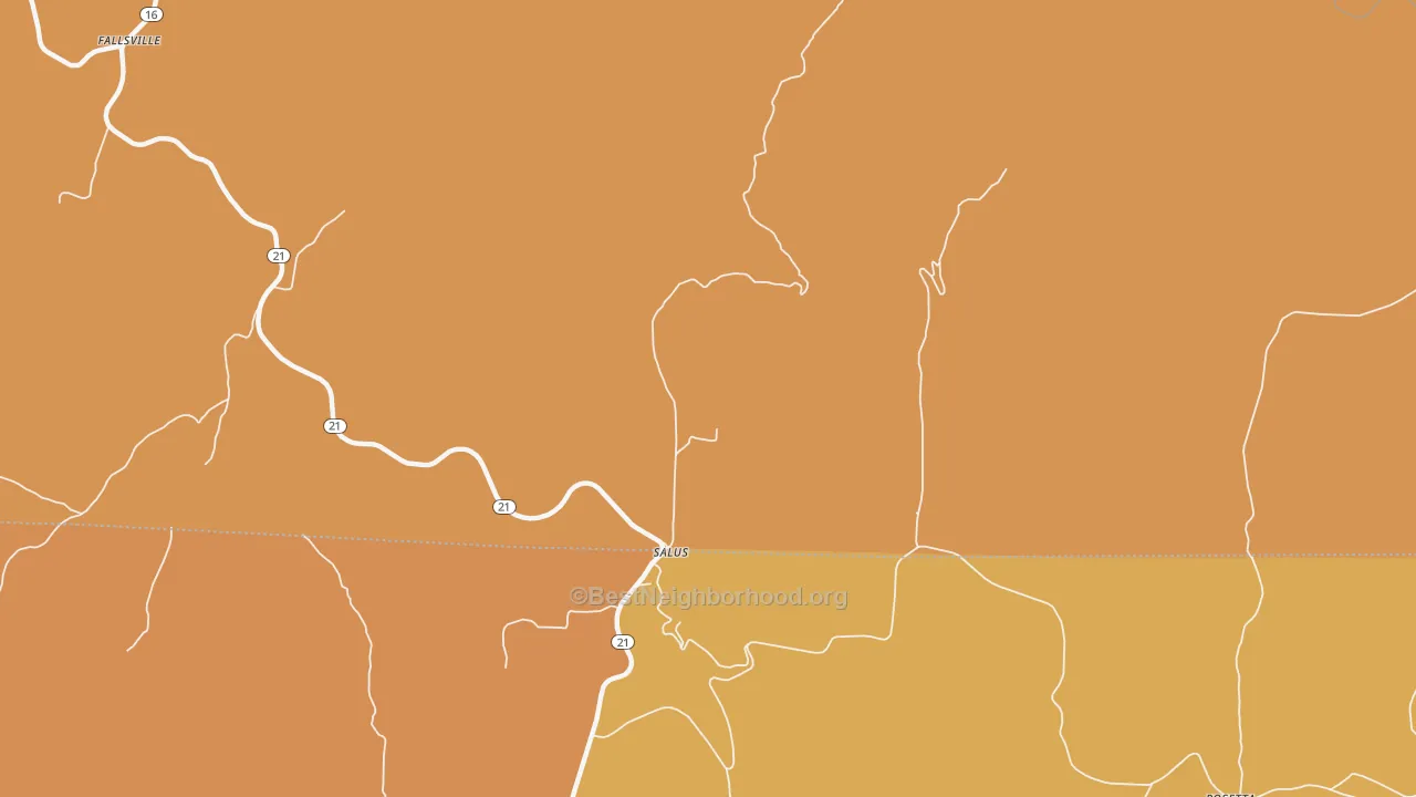 Map of the best neighborhoods in the Salus area, with better matches in green and worse matches in red