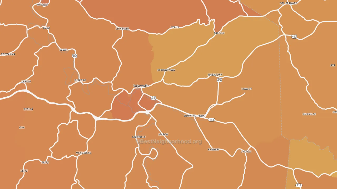 Map of the best neighborhoods in the Salyersville area, with better matches in green and worse matches in red
