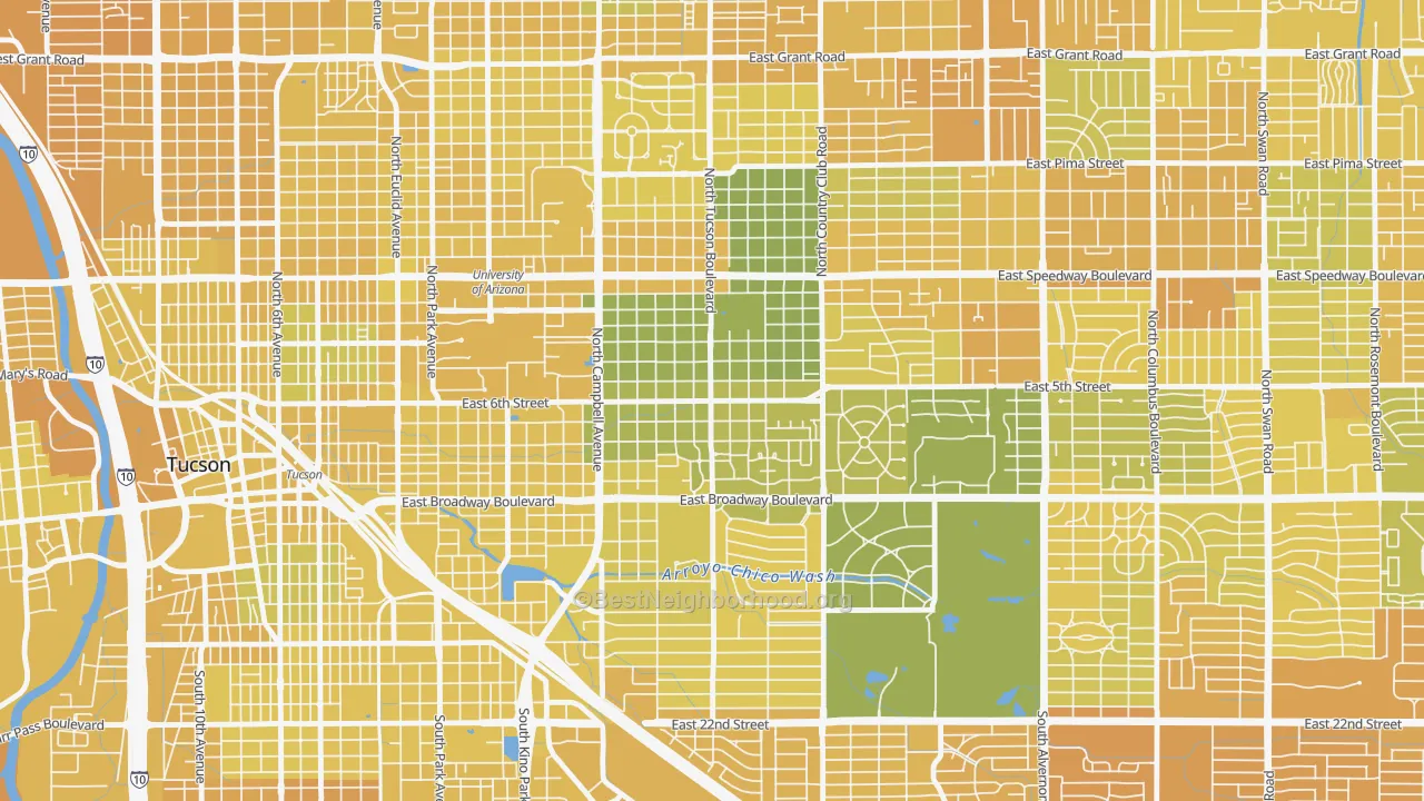 Map of the best neighborhoods in the Sam Hughes, Tucson area, with better matches in green and worse matches in red