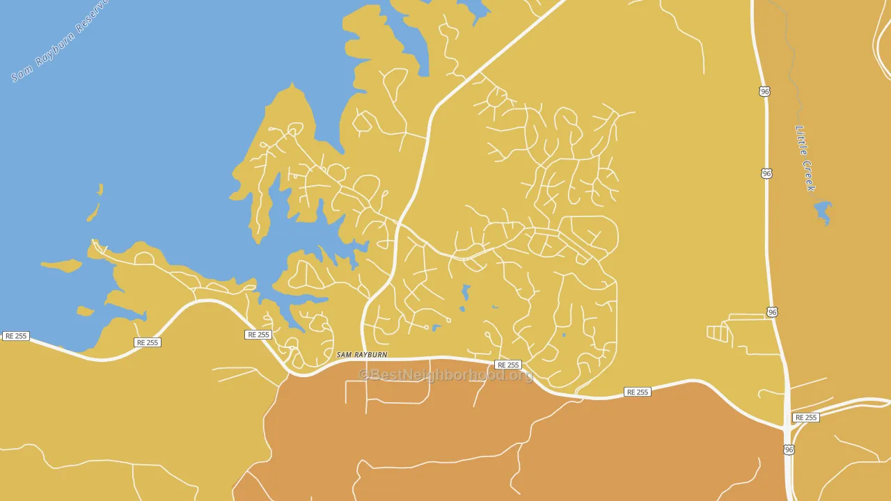 Map of the best neighborhoods in the Sam Rayburn area, with better matches in green and worse matches in red