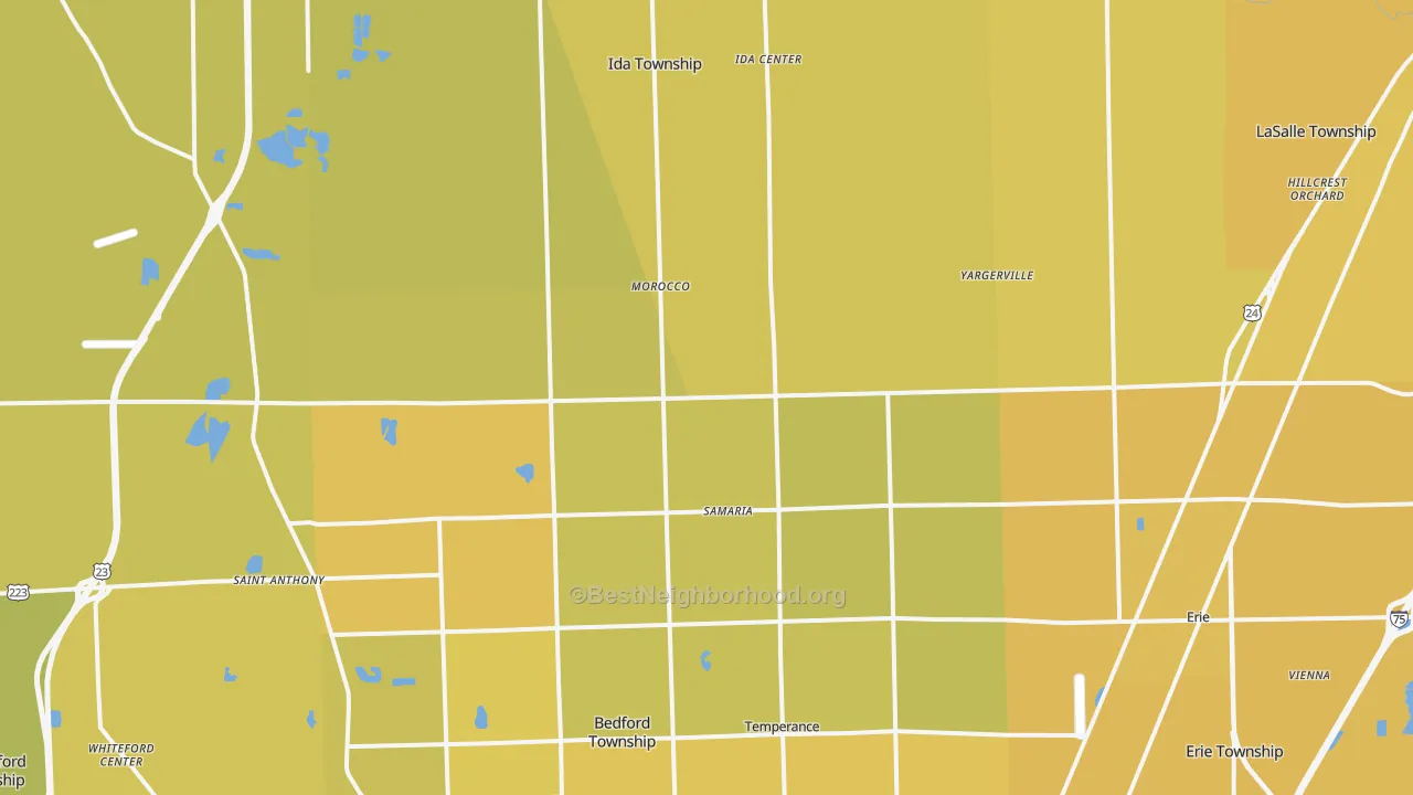 Map of the best neighborhoods in the Samaria area, with better matches in green and worse matches in red