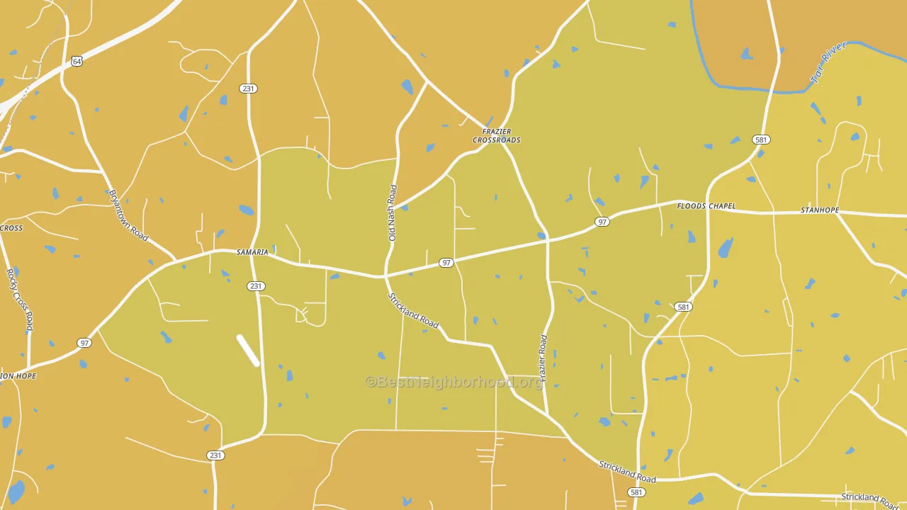 Map of the best neighborhoods in the Samaria area, with better matches in green and worse matches in red