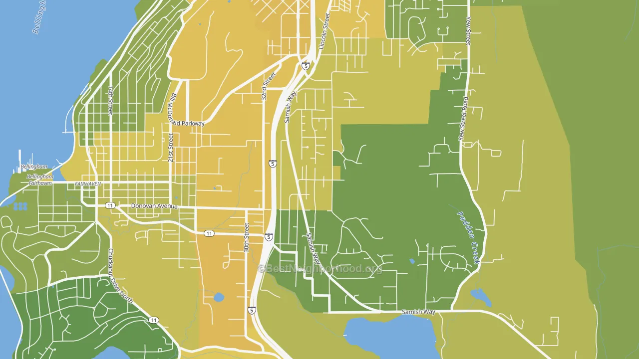 Map of the best neighborhoods in the Samish Hill, Bellingham area, with better matches in green and worse matches in red