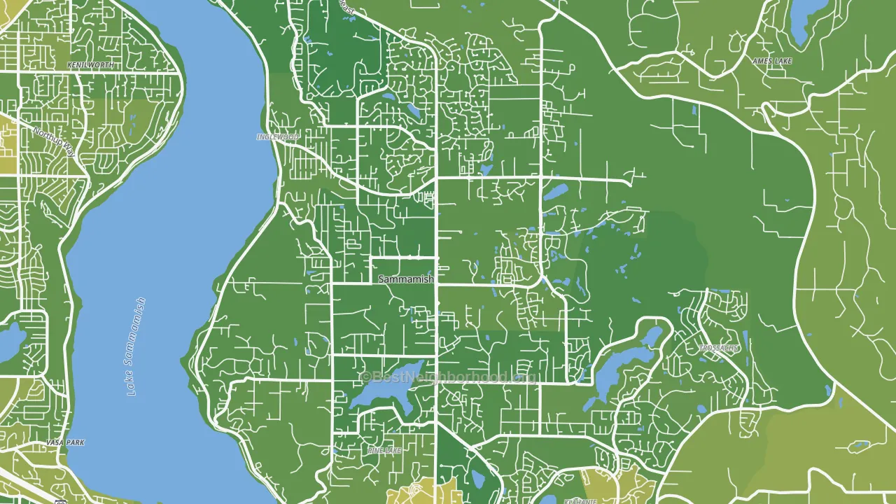 Map of the best neighborhoods in the Sammamish area, with better matches in green and worse matches in red