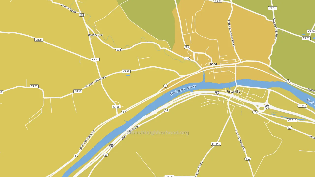 Map of the best neighborhoods in the Sammonsville area, with better matches in green and worse matches in red