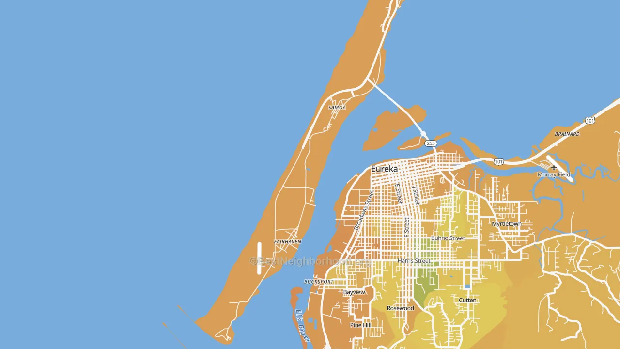 Map of the best neighborhoods in the Samoa area, with better matches in green and worse matches in red