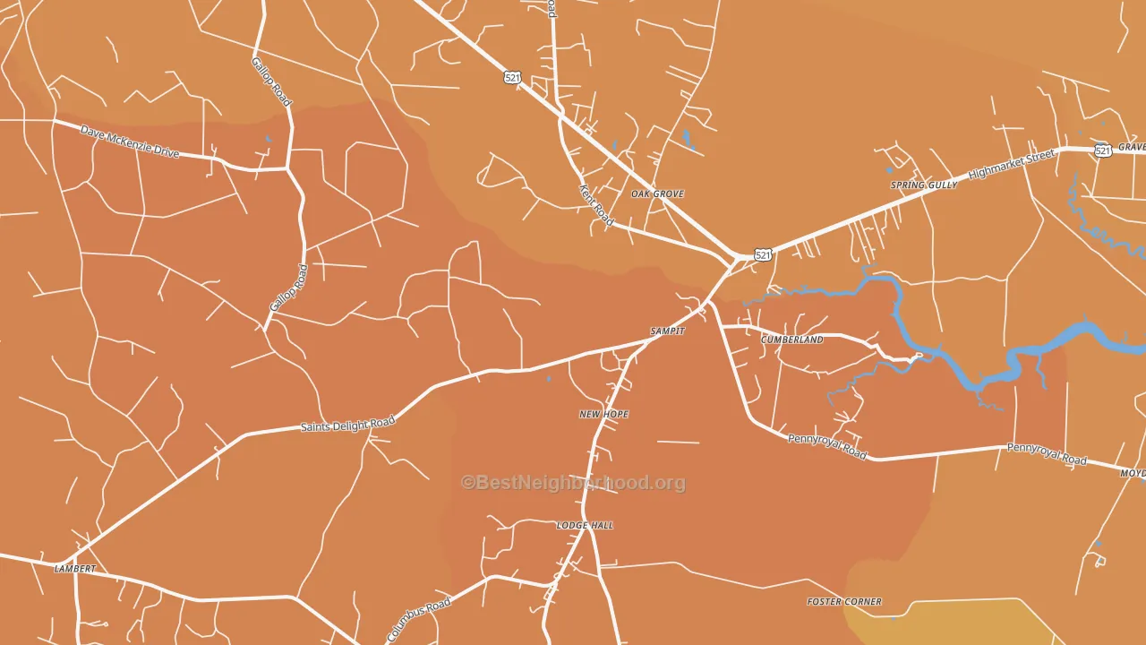 Map of the best neighborhoods in the Sampit area, with better matches in green and worse matches in red