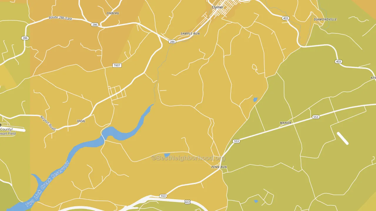 Map of the best neighborhoods in the Sample Run area, with better matches in green and worse matches in red