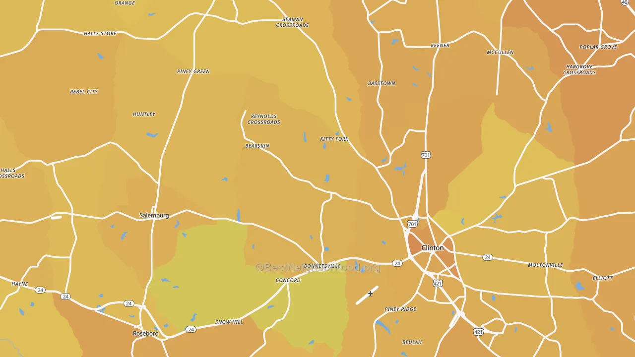 Map of the best neighborhoods in the Sampson County area, with better matches in green and worse matches in red