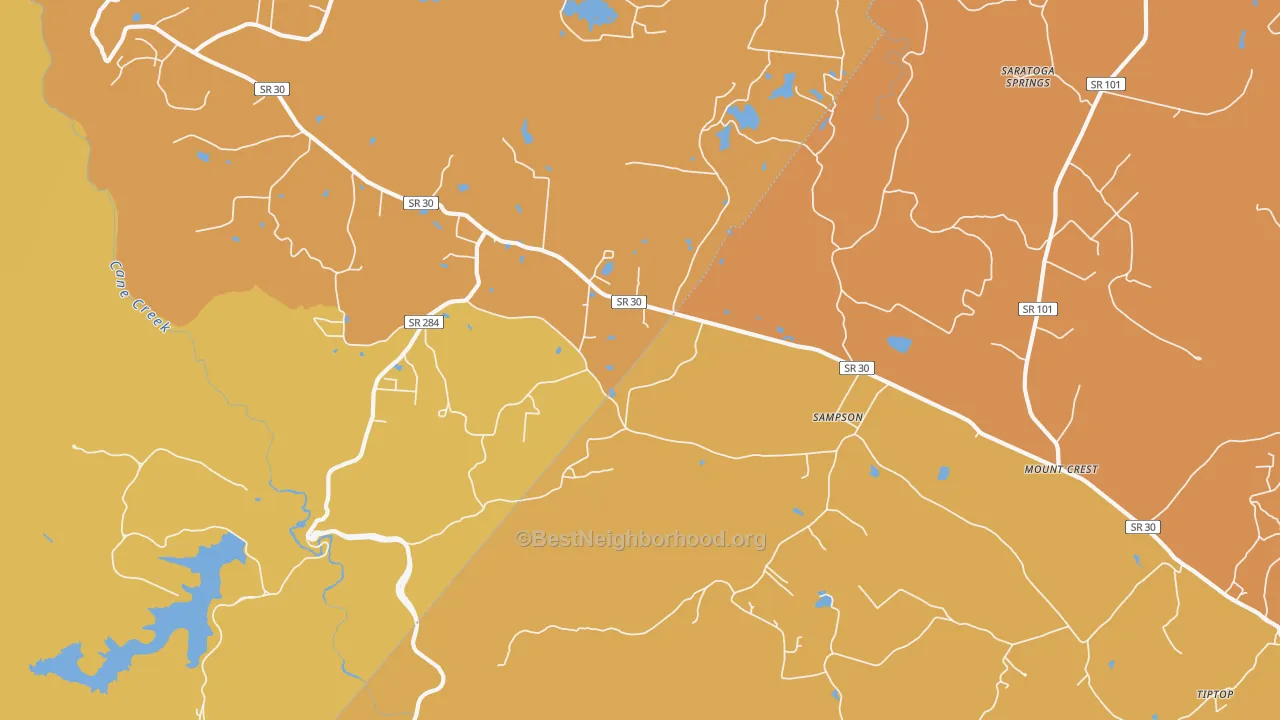 Map of the best neighborhoods in the Sampson area, with better matches in green and worse matches in red