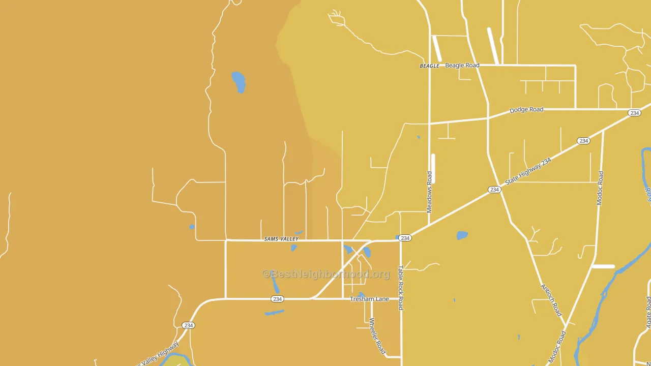 Map of the best neighborhoods in the Sams Valley area, with better matches in green and worse matches in red