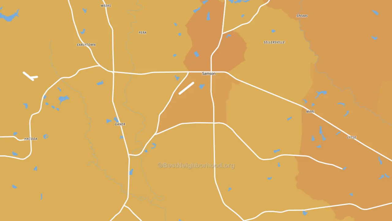 Map of the best neighborhoods in the Samson area, with better matches in green and worse matches in red