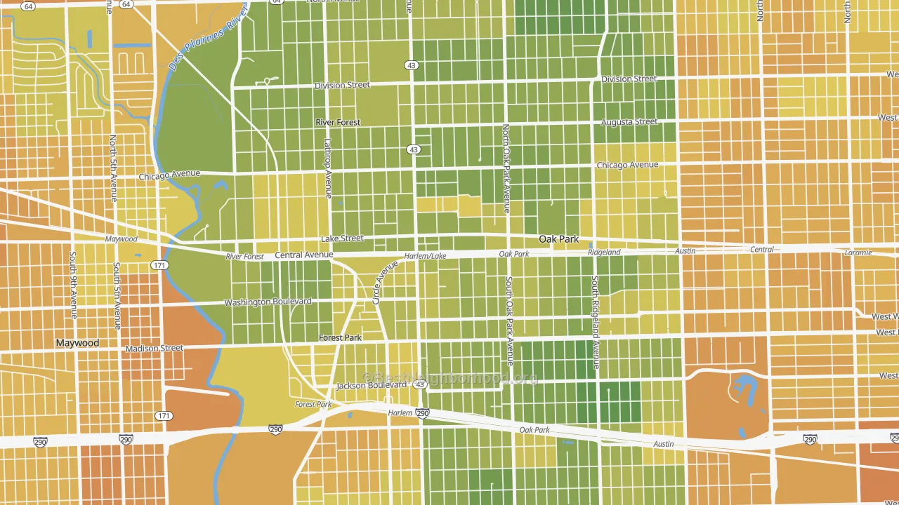 Map of the best neighborhoods in the Samuel A Rothermel, Oak Park area, with better matches in green and worse matches in red