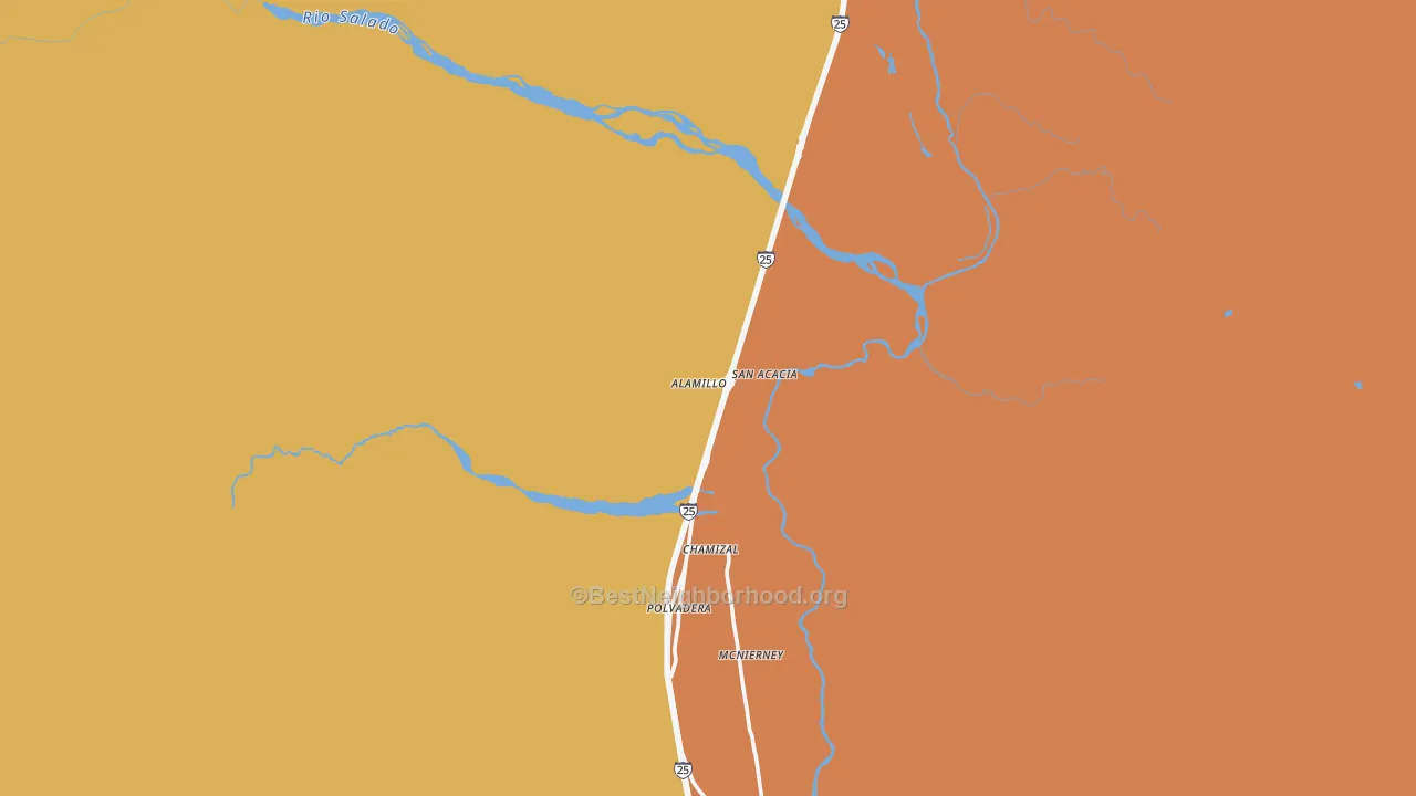 Map of the best neighborhoods in the San Acacia area, with better matches in green and worse matches in red