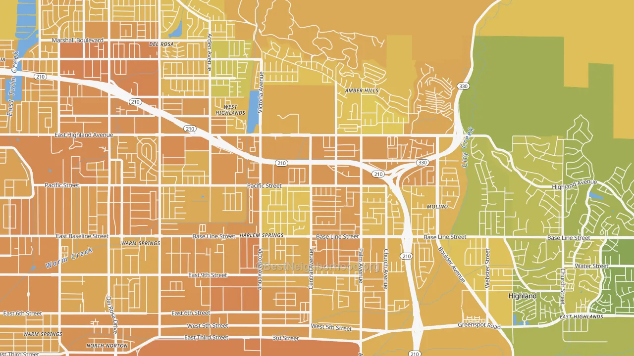 Map of the best neighborhoods in the San Andreas, Highland area, with better matches in green and worse matches in red