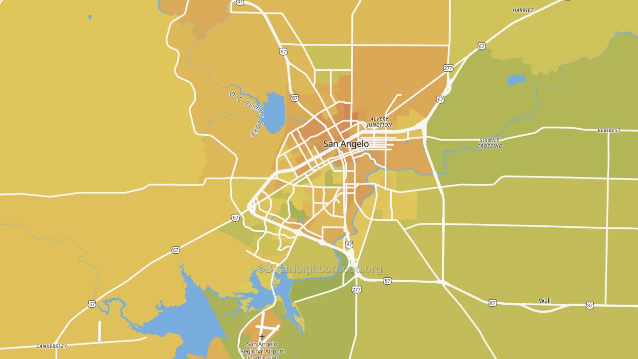 Map of the best neighborhoods in the San Angelo Metro area, with better matches in green and worse matches in red