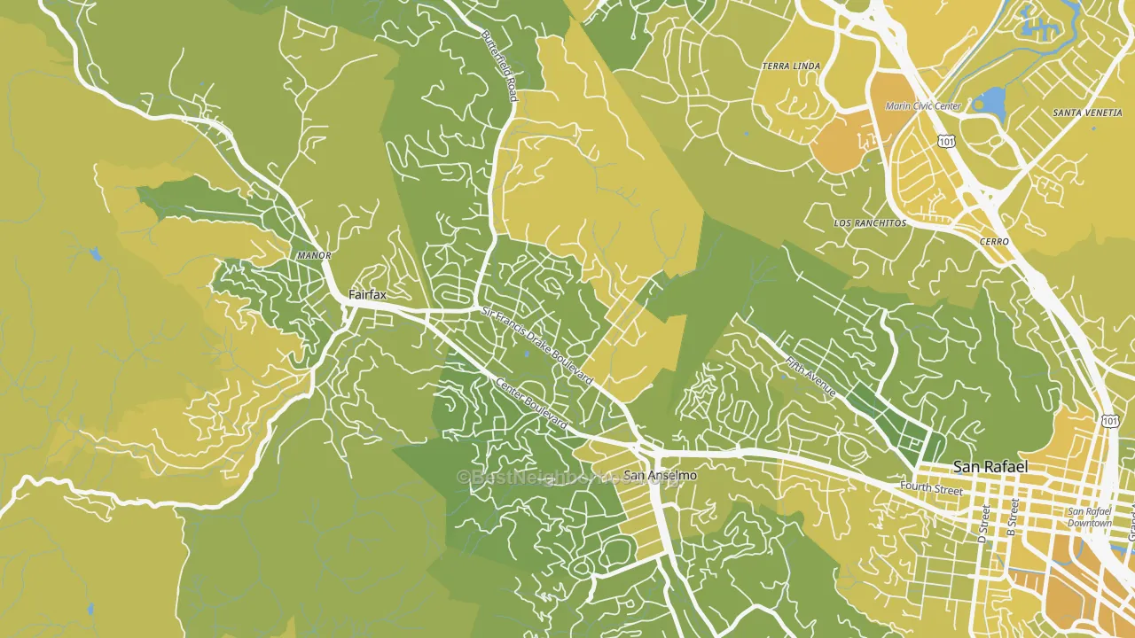 Map of the best neighborhoods in the San Anselmo area, with better matches in green and worse matches in red