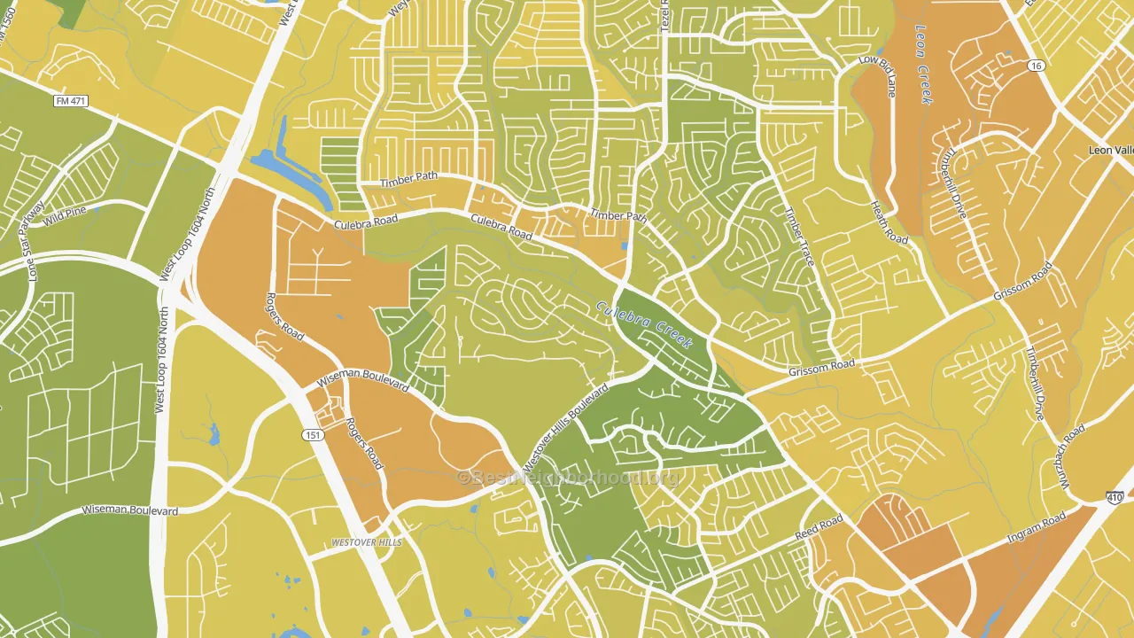 Map of the best neighborhoods in the San Antonio Creekside, San Antonio area, with better matches in green and worse matches in red
