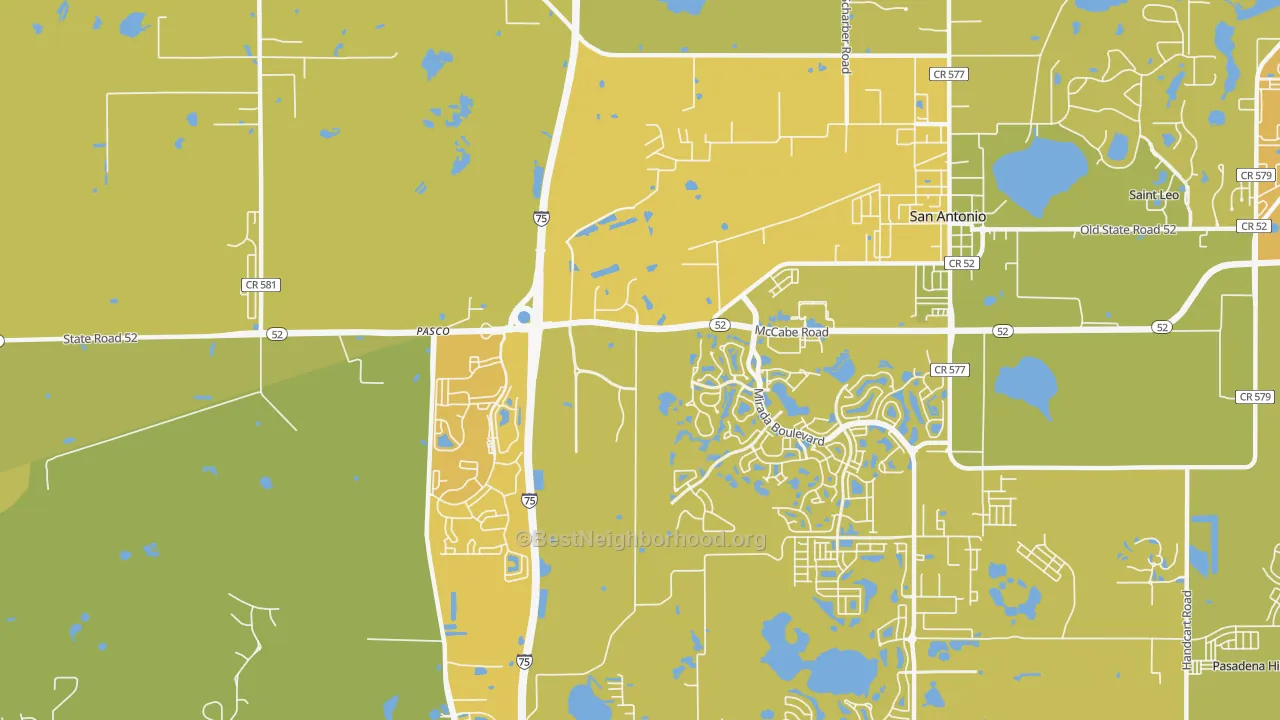 Map of the best neighborhoods in the San Antonio area, with better matches in green and worse matches in red
