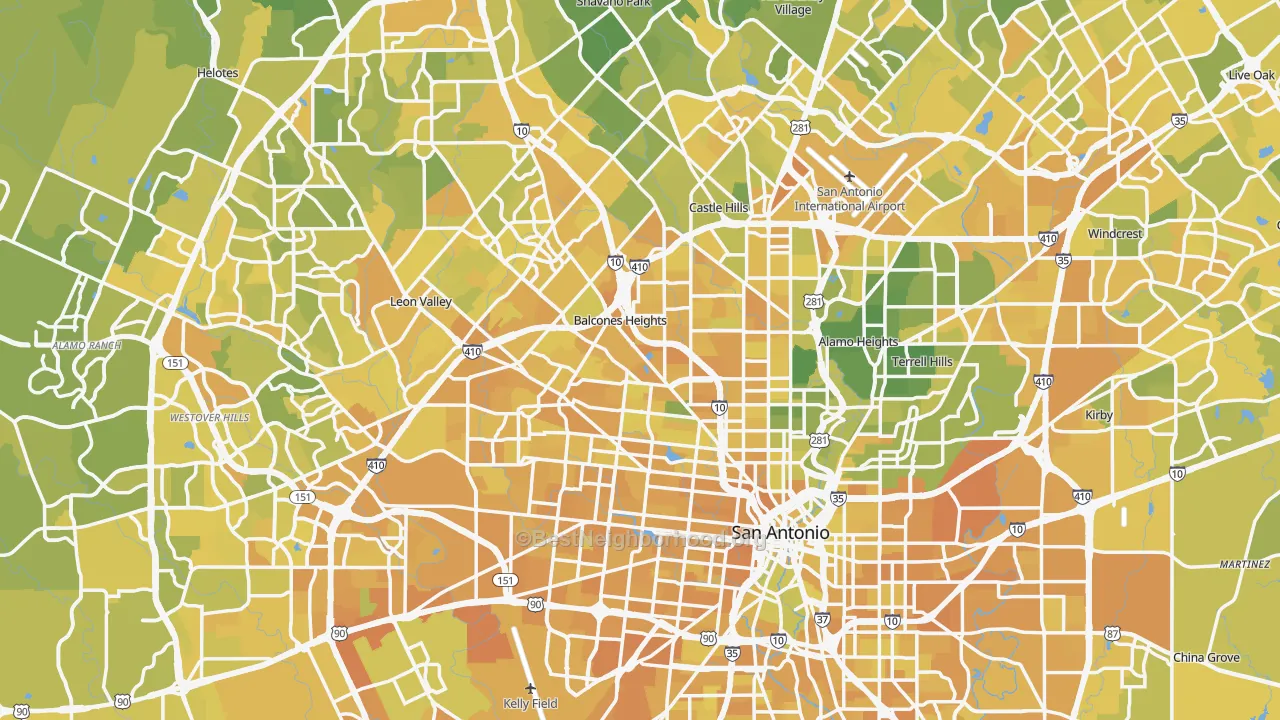 Map of the best neighborhoods in the San Antonio Metro area, with better matches in green and worse matches in red
