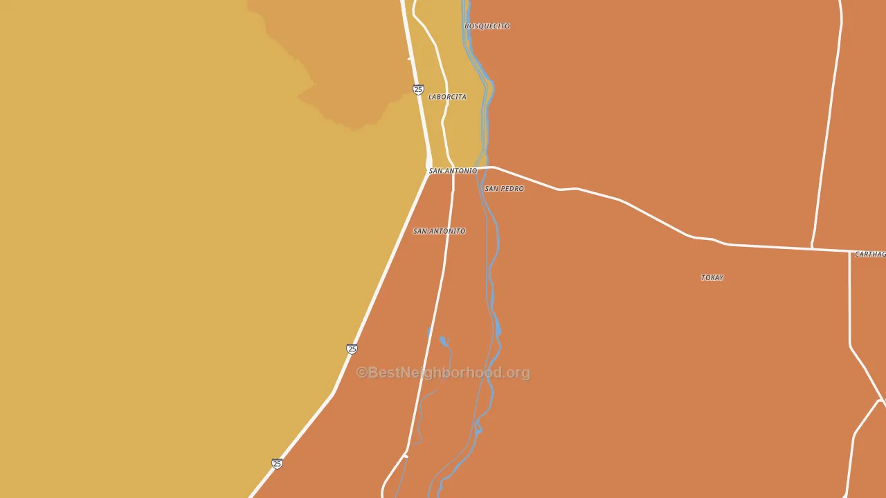Map of the best neighborhoods in the San Antonito area, with better matches in green and worse matches in red