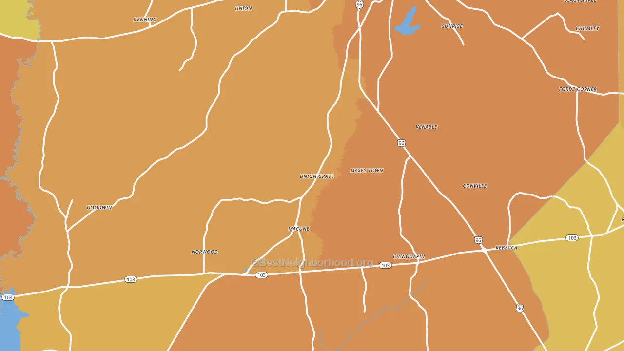 Map of the best neighborhoods in the San Augustine County area, with better matches in green and worse matches in red