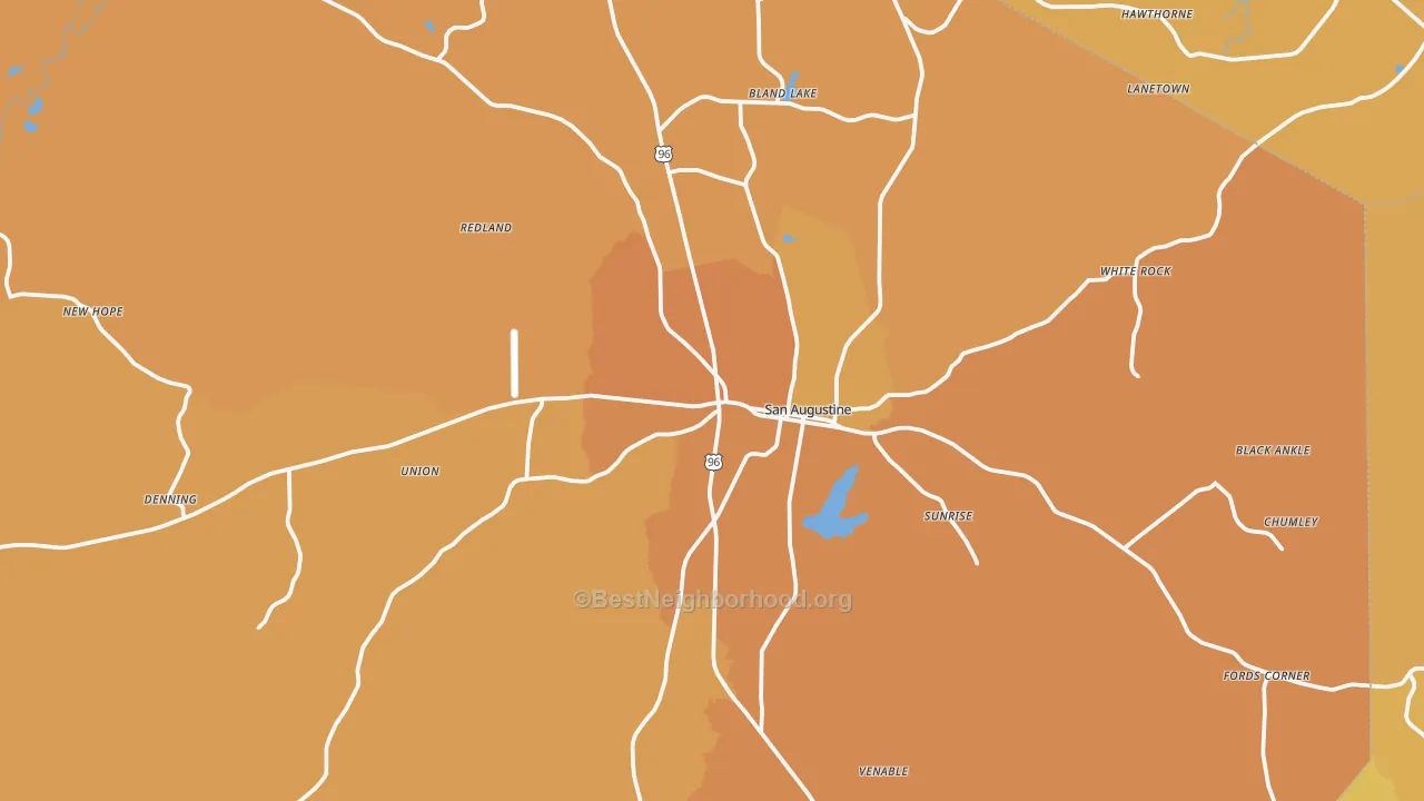 Map of the best neighborhoods in the San Augustine area, with better matches in green and worse matches in red