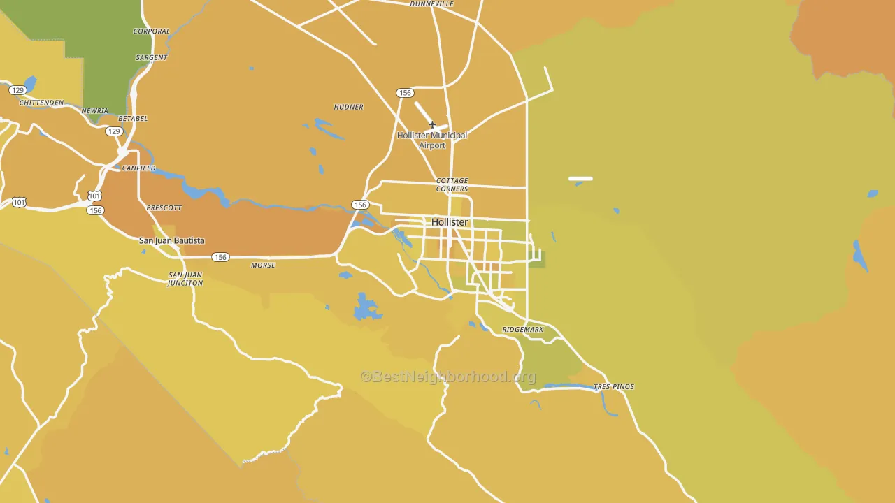 Map of the best neighborhoods in the San Benito County area, with better matches in green and worse matches in red