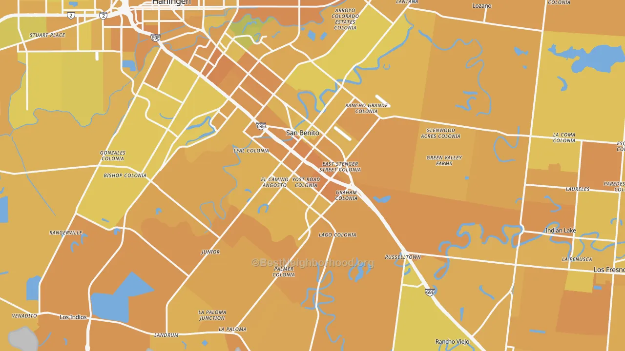 Map of the best neighborhoods in the San Benito area, with better matches in green and worse matches in red