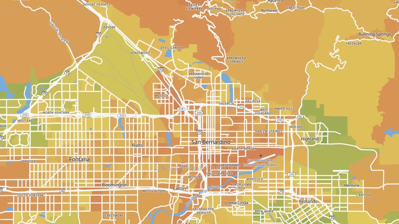 Map of the best neighborhoods in the San Bernardino area, with better matches in green and worse matches in red
