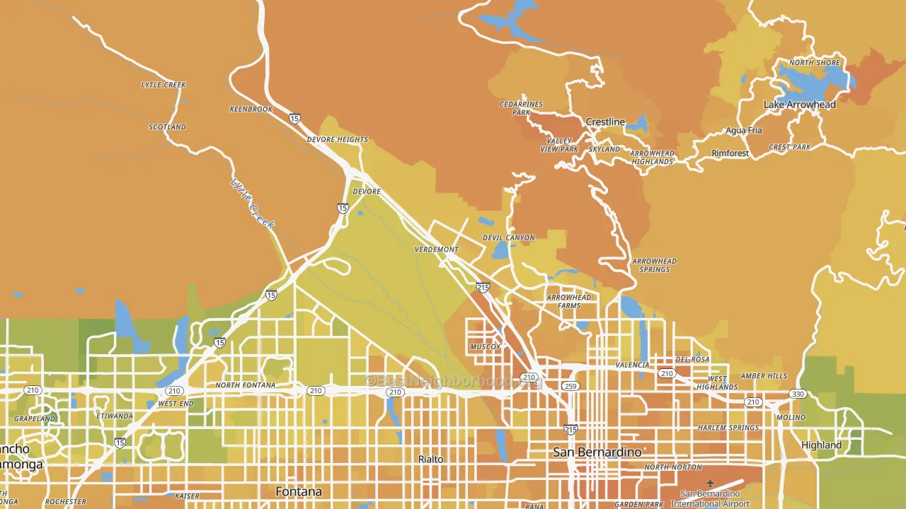 Map of the best neighborhoods in the San Bernardino County area, with better matches in green and worse matches in red