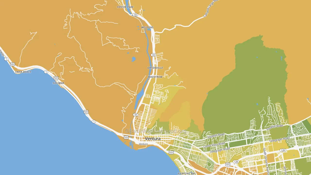 Map of the best neighborhoods in the San Buenaventura area, with better matches in green and worse matches in red
