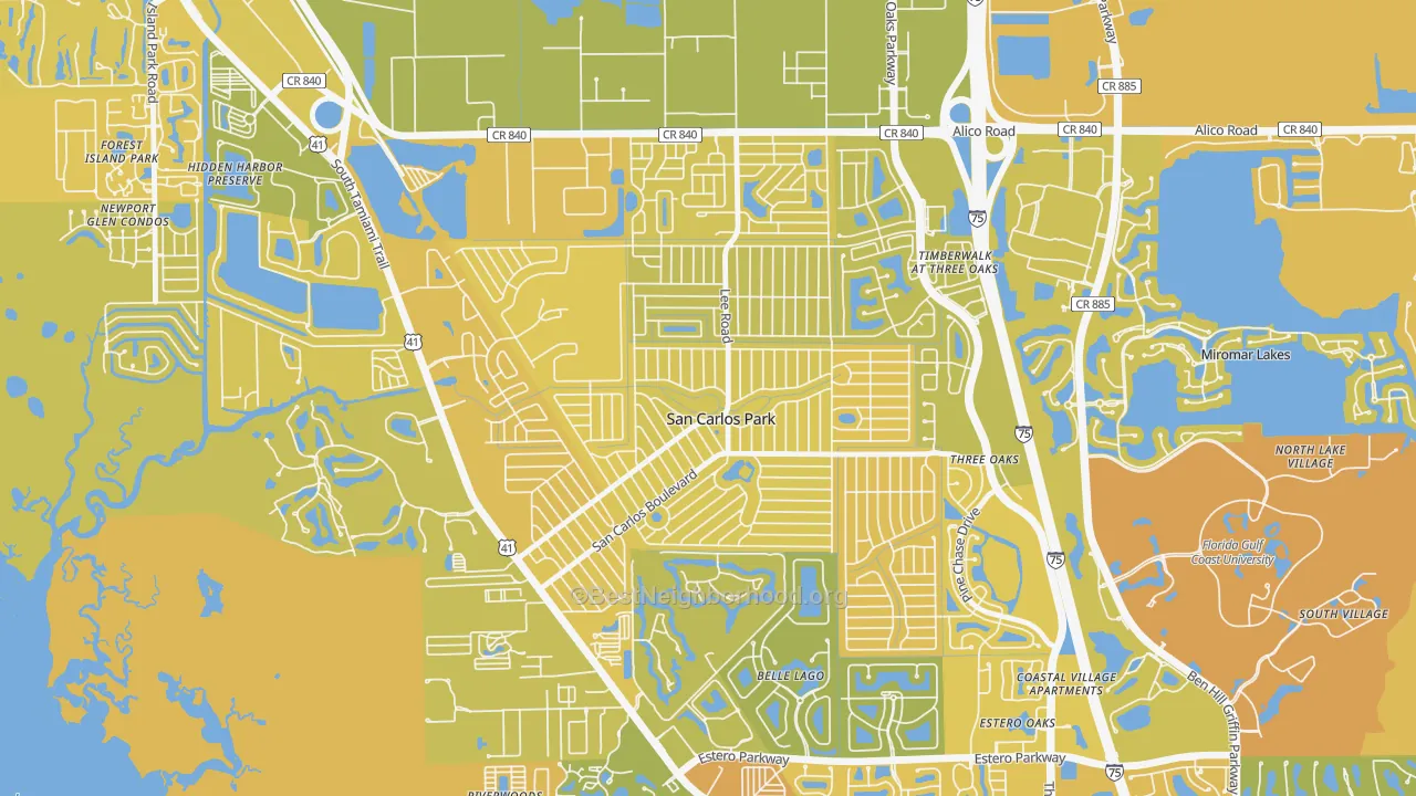 Map of the best neighborhoods in the San Carlos Park area, with better matches in green and worse matches in red