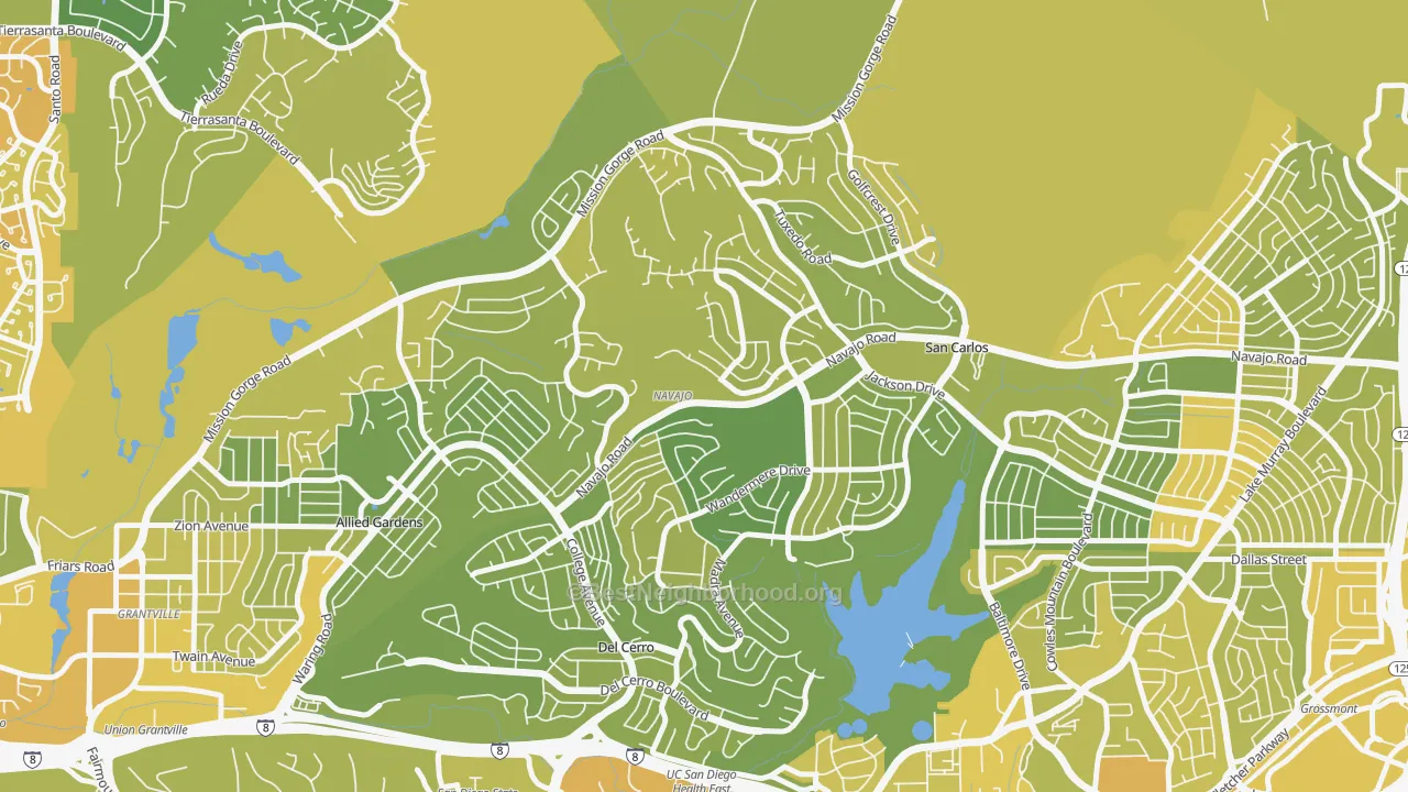 Map of the best neighborhoods in the San Carlos, San Diego area, with better matches in green and worse matches in red
