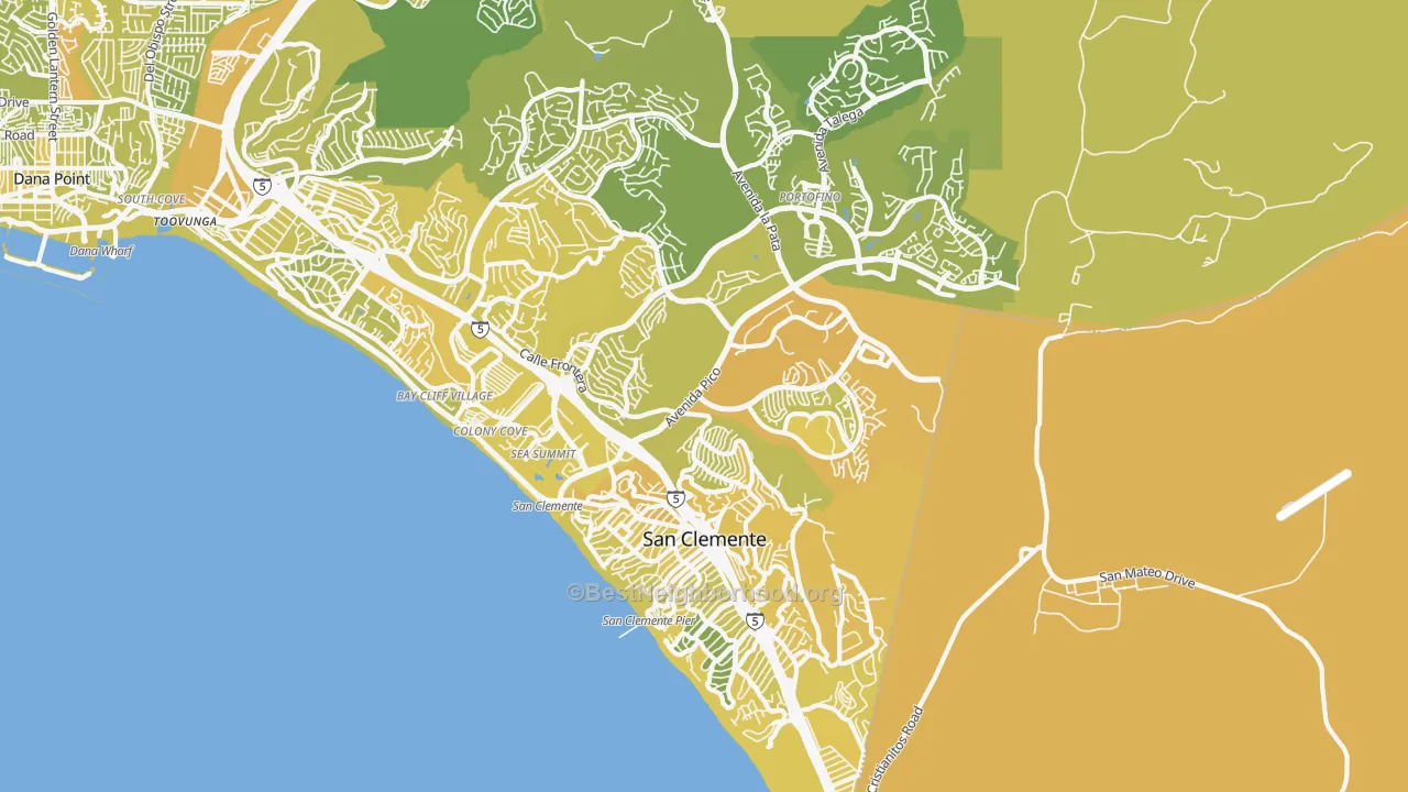 Map of the best neighborhoods in the San Clemente area, with better matches in green and worse matches in red