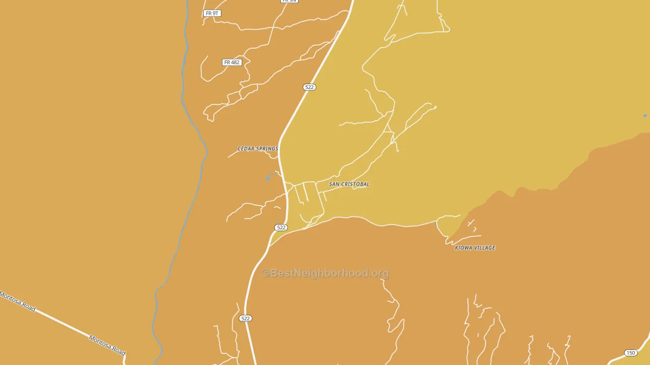 Map of the best neighborhoods in the San Cristobal area, with better matches in green and worse matches in red