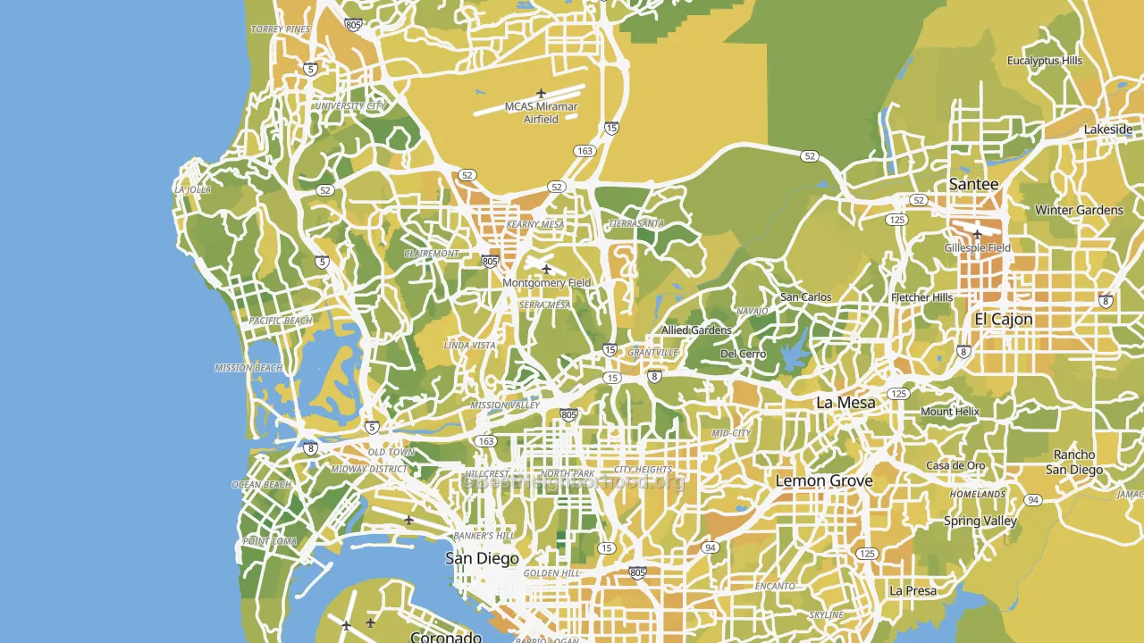 Map of the best neighborhoods in the San Diego Metro area, with better matches in green and worse matches in red
