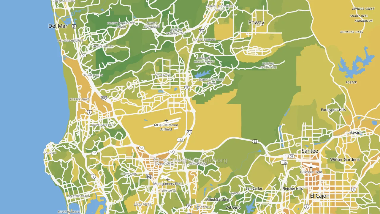 Map of the best neighborhoods in the San Diego County area, with better matches in green and worse matches in red